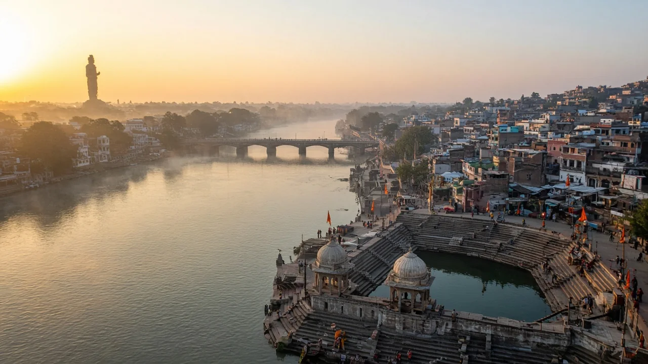 Sunrise over Ramkund on the Godavari in Nashik, with the Lord Ram statue on the horizon
