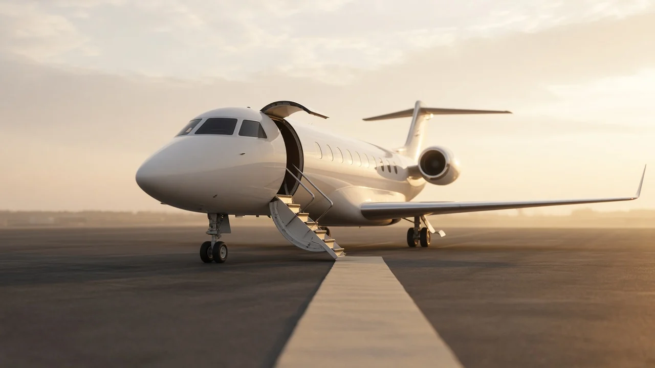 Private jet waiting on the tarmac at dawn