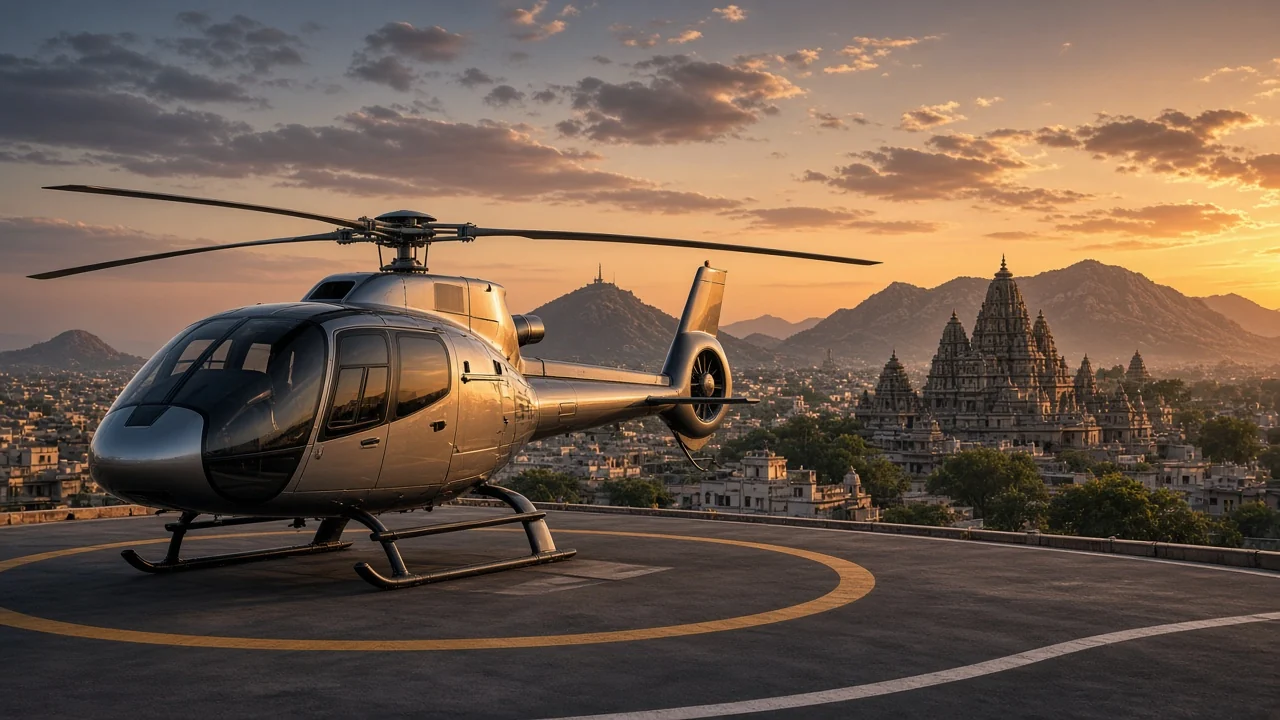 Helicopter waiting on a city helipad at sunset