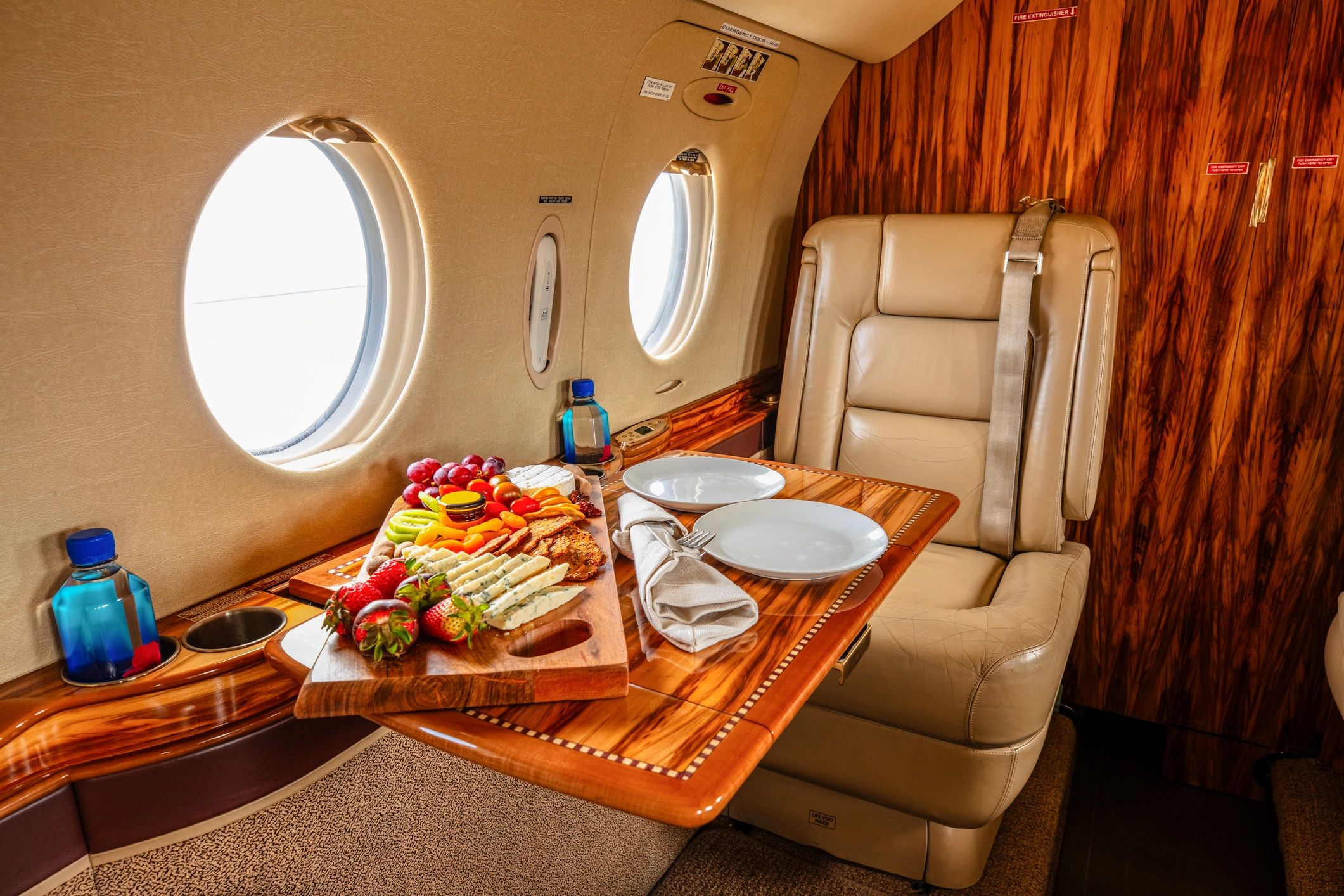 Luxury private jet cabin prepared for passengers