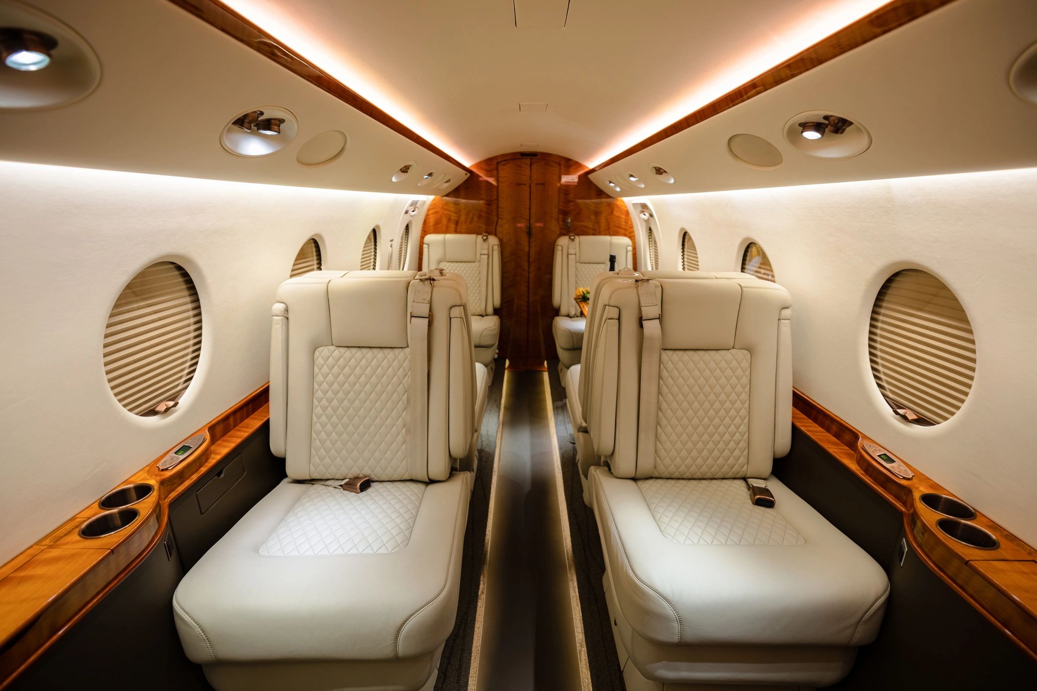 Private jet cabin with premium seating