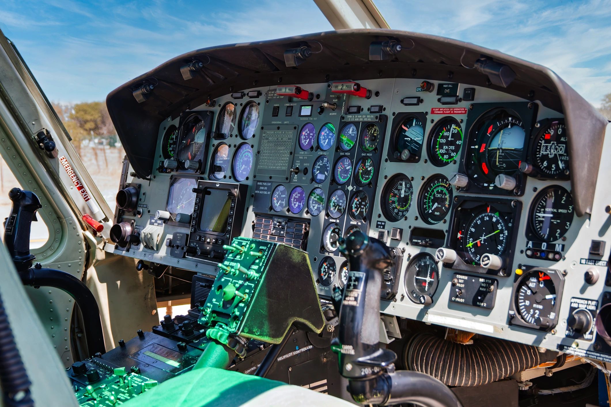 Helicopter cockpit interior with flight instruments